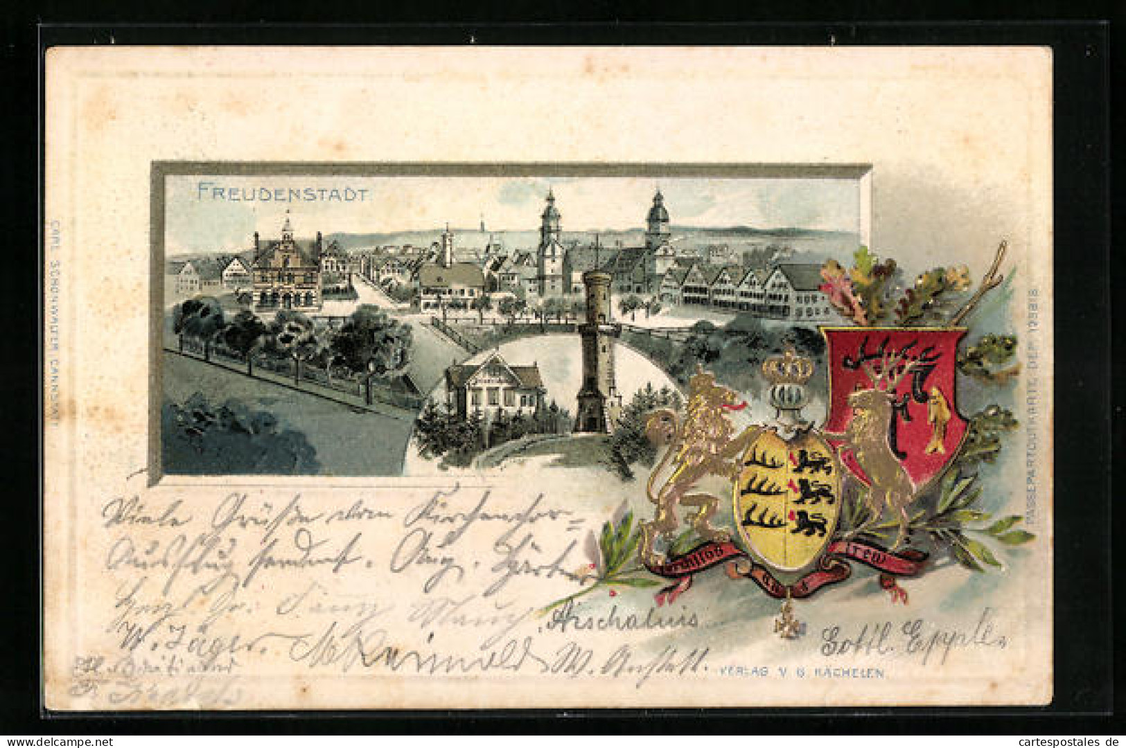 Passepartout-Lithographie Freudenstadt, Blick über Ort, Friedrichshöhe, Wappen  - Otros & Sin Clasificación