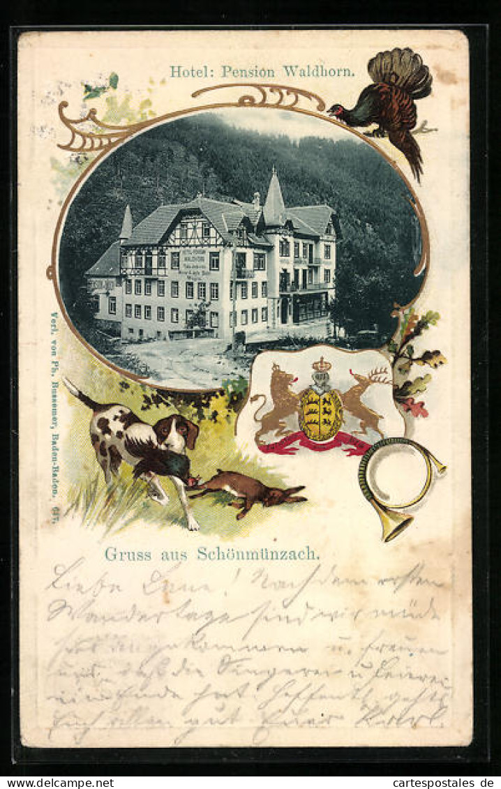 Passepartout-Lithographie Schönmünzach, Hotel Pension Waldhorn, Wappen  - Otros & Sin Clasificación