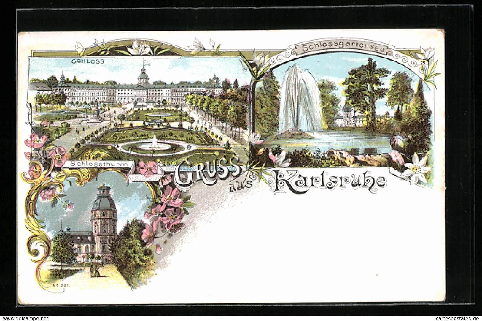 Lithographie Karlsruhe, Schlossgartensee, Schloss, Schlossthurm  - Karlsruhe