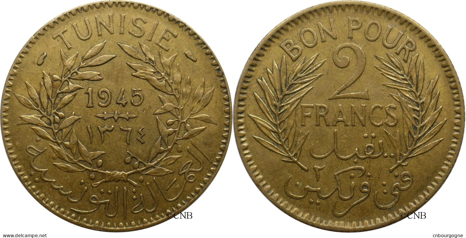 Tunisie - Protectorat Français - Lamine Bey - 2 Francs 1945-AH1364 - TTB+/AU50 - Mon5436 - Tunisie