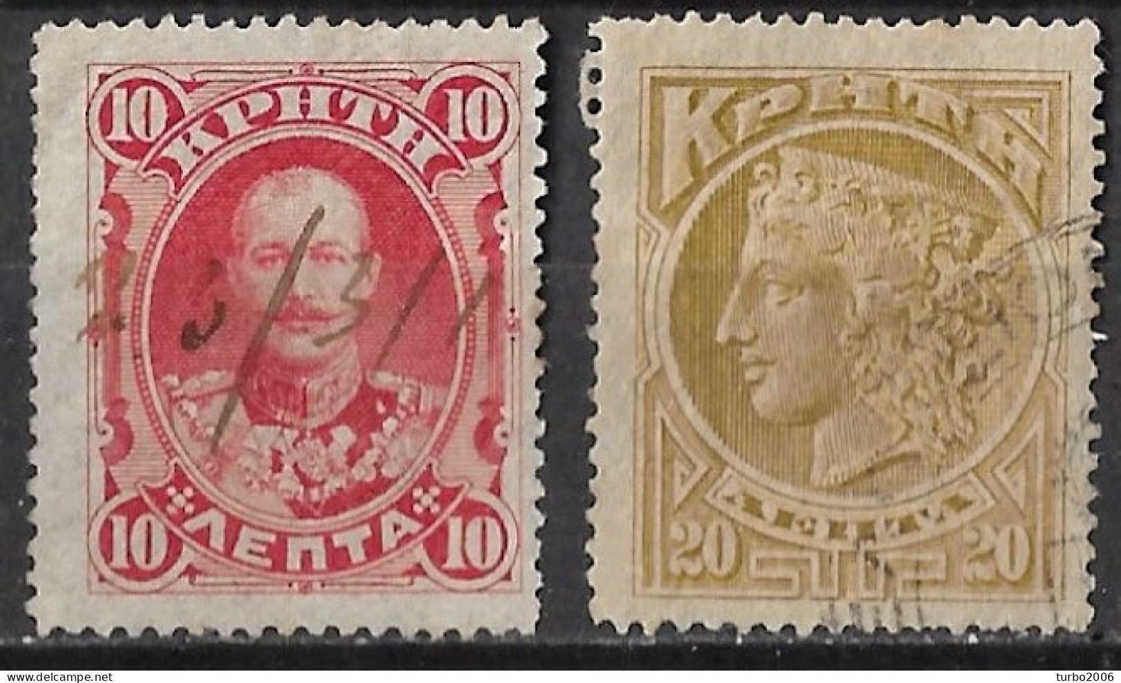CRETE Fiscally Used 1900 1st Issue Of The Cretan State 10 L. Red Vl. 3 + Fiscal 20 L Yellow Olive (Feenstra 36) - Creta