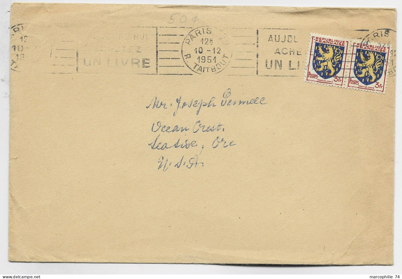 FRANCE BLASON  3FR FRANCHE COMTE PAIRE LETTRE MEC PARIS 10.12.1951 POUR USA UA TARIF IMPRIME - 1941-66 Coat Of Arms And Heraldry