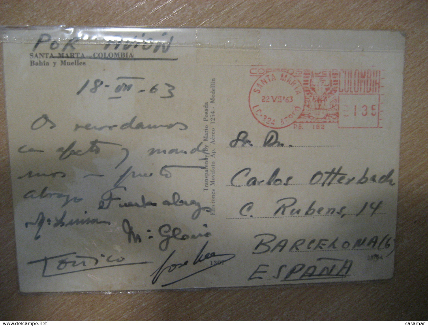 SANTA MARTA Bahia Y Muelles Ship 1963 To Barcelona Spain Meter Mail Cancel Postcard COLOMBIA - Colombia