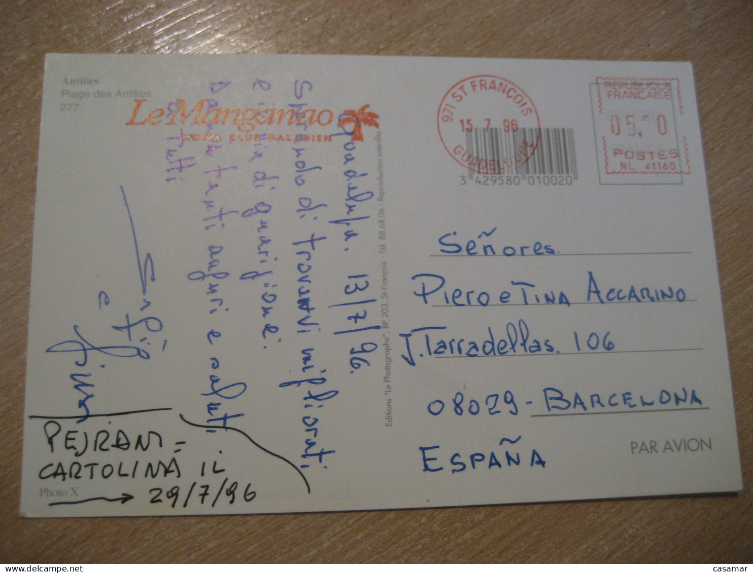 ST FRANÇOIS 1996 To Barcelona Spain Antilles Plage Le Manganao Hotel Club Paladien Meter Mail Cancel Postcard GUADELOUPE - Sonstige & Ohne Zuordnung