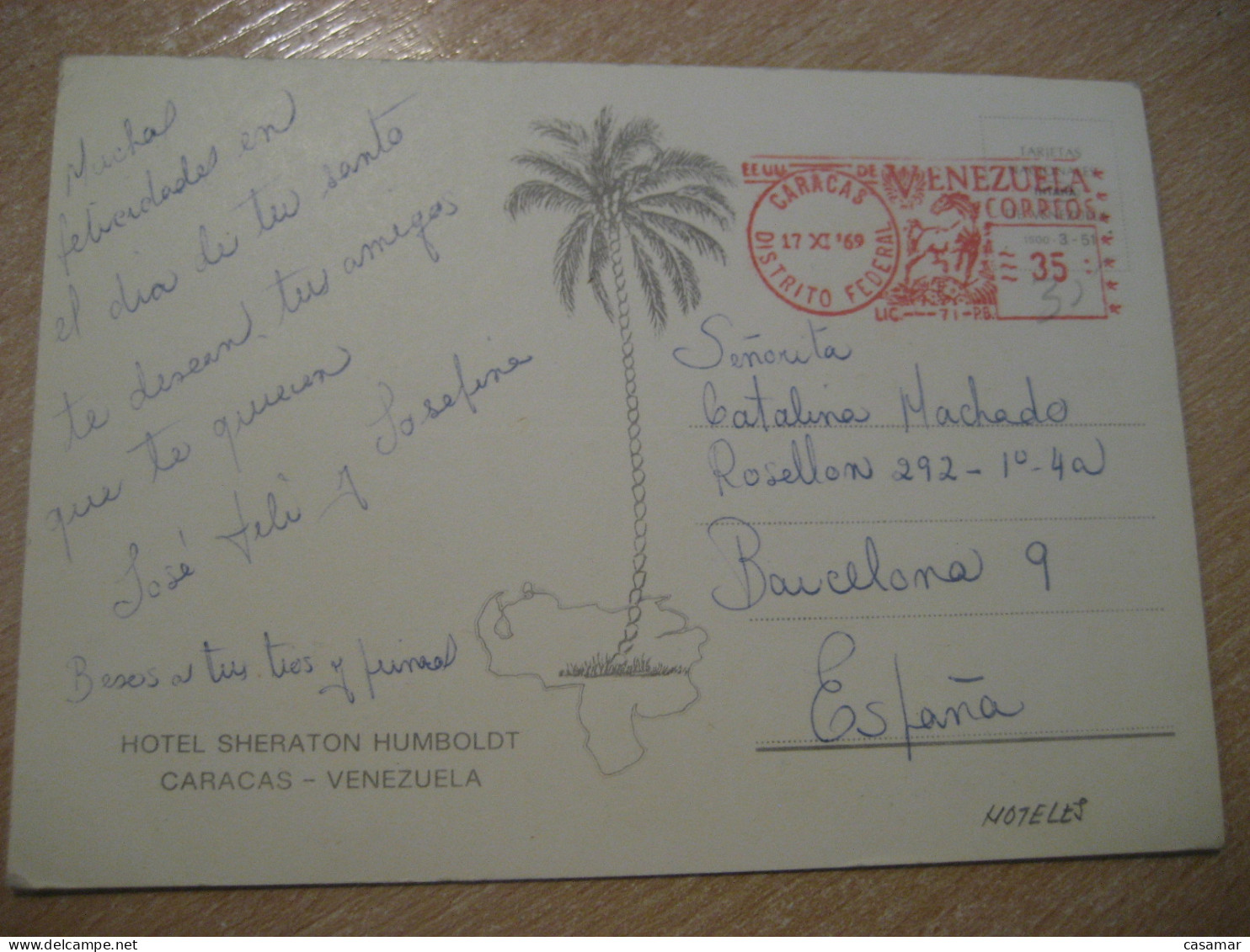 CARACAS 1969 To Barcelona Spain Hotel Sheraton Humboldt Meter Mail Cancel Postcard VENEZUELA - Venezuela