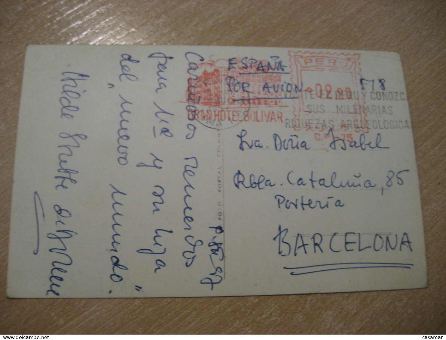 PERU Archeology Hotel Bolivar 1957 To Barcelona Spain Meter Mail Cancel Postcard Sao Paulo Santos Bus BRASIL Brazil - São Paulo