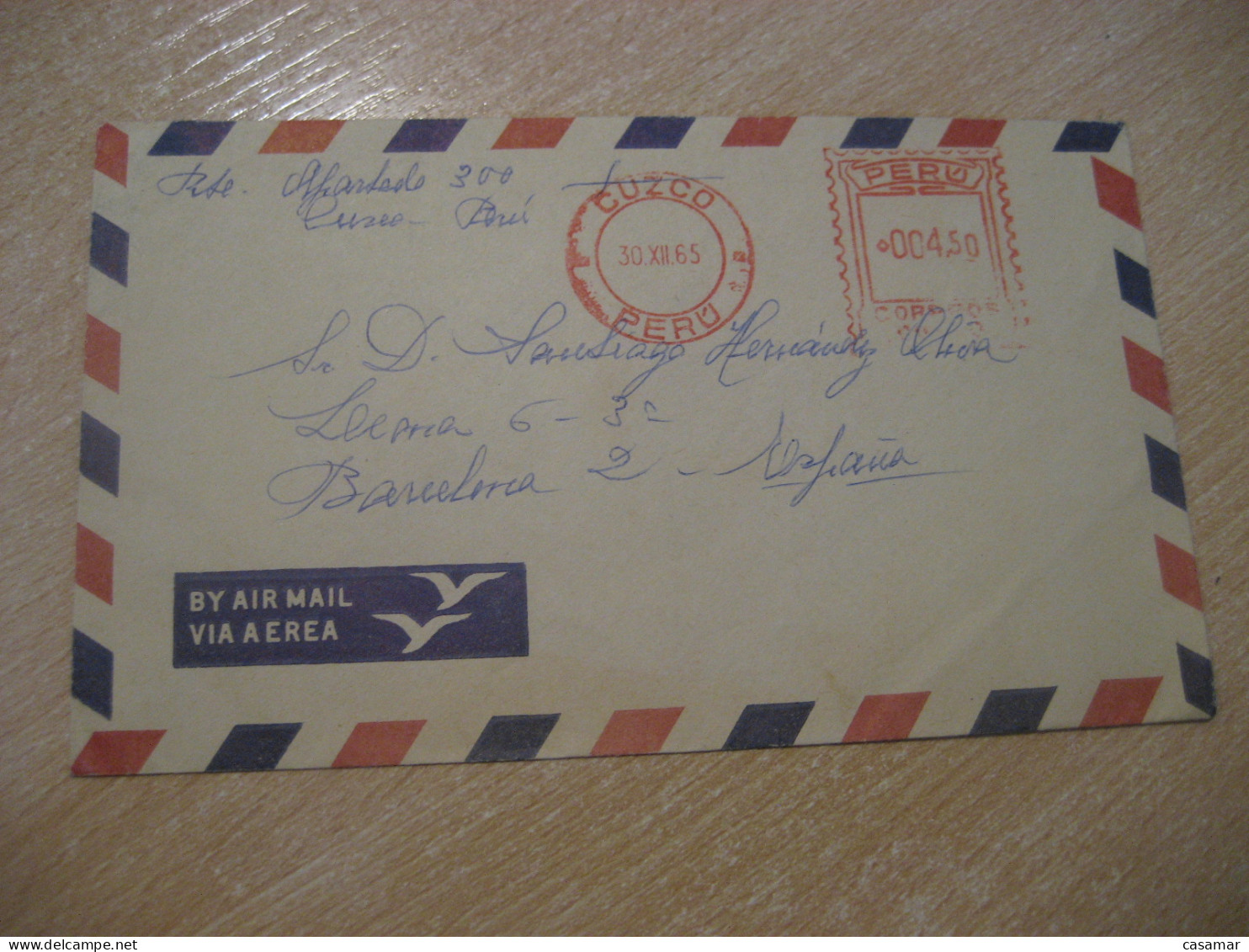 CUZCO 1965 To Barcelona Spain Meter Mail Cancel Cover PERU - Pérou