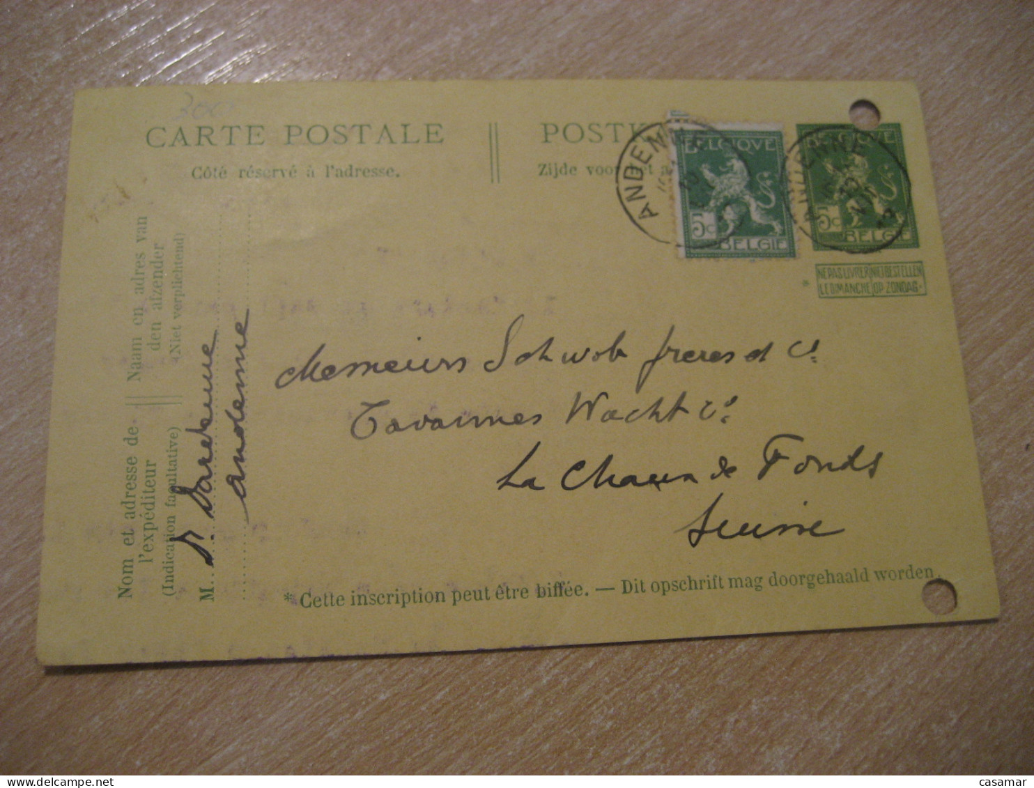 ANDENNE 1913 To La Chaux-de-Fonds Cancel Postal Stationery Card BELGIUM - Andere & Zonder Classificatie