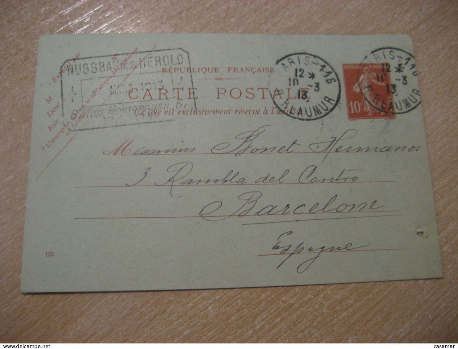 PARIS 1913 To Barcelona Spain Cancel Postal Stationery Card FRANCE - Lettres & Documents