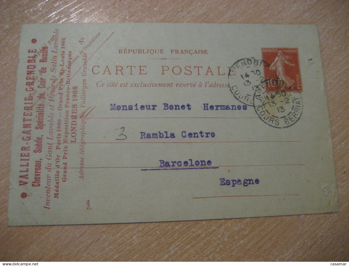 GRENOBLE 1913 To Barcelona Spain Cancel Advertising Cuir De Russie Postal Stationery Card FRANCE - Lettres & Documents