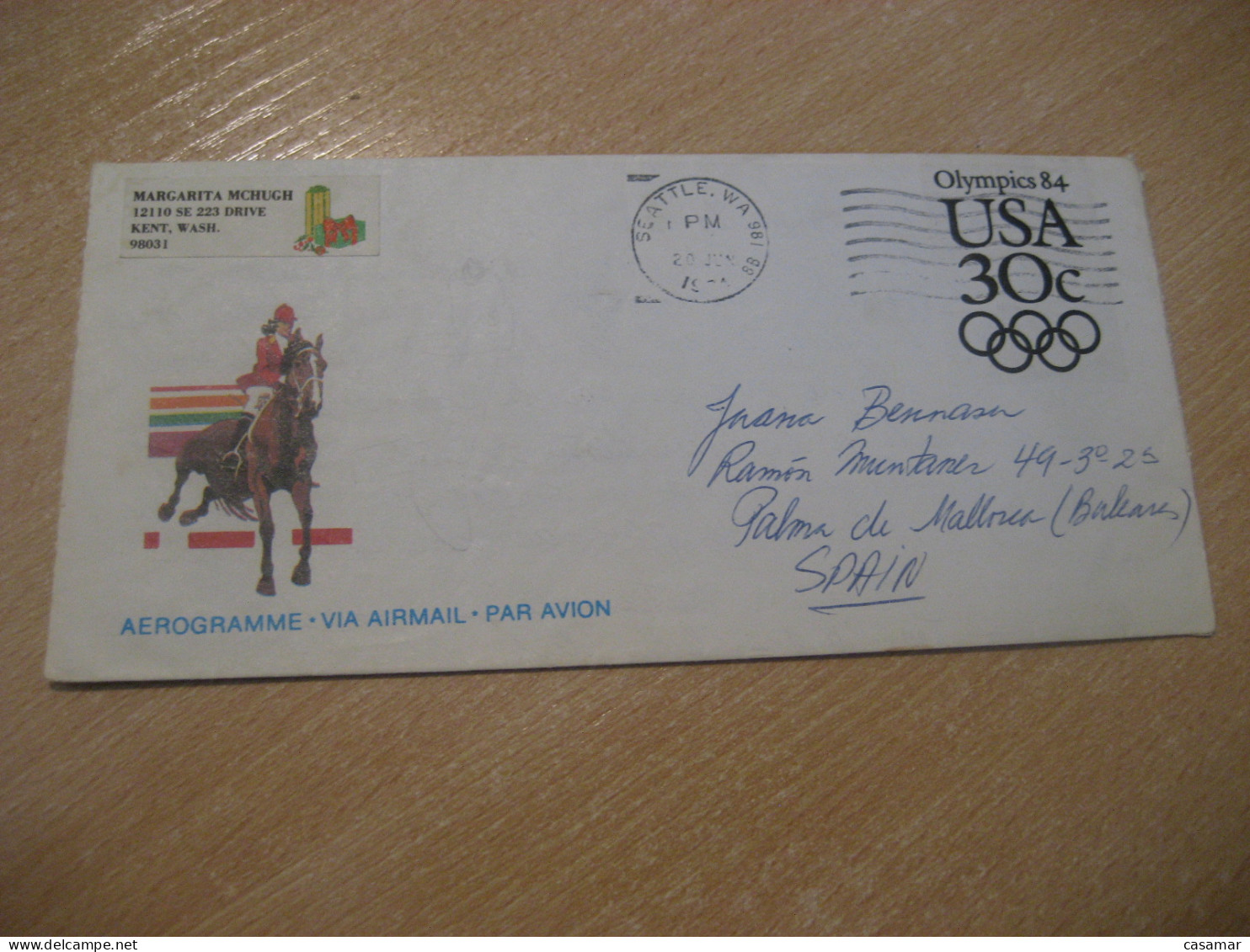 SEATTLE 1984 To Palma Mallorca Spain Horse Equestrian Los Angeles Olympic Games Olympics Cancel Aerogramme USA - Ippica