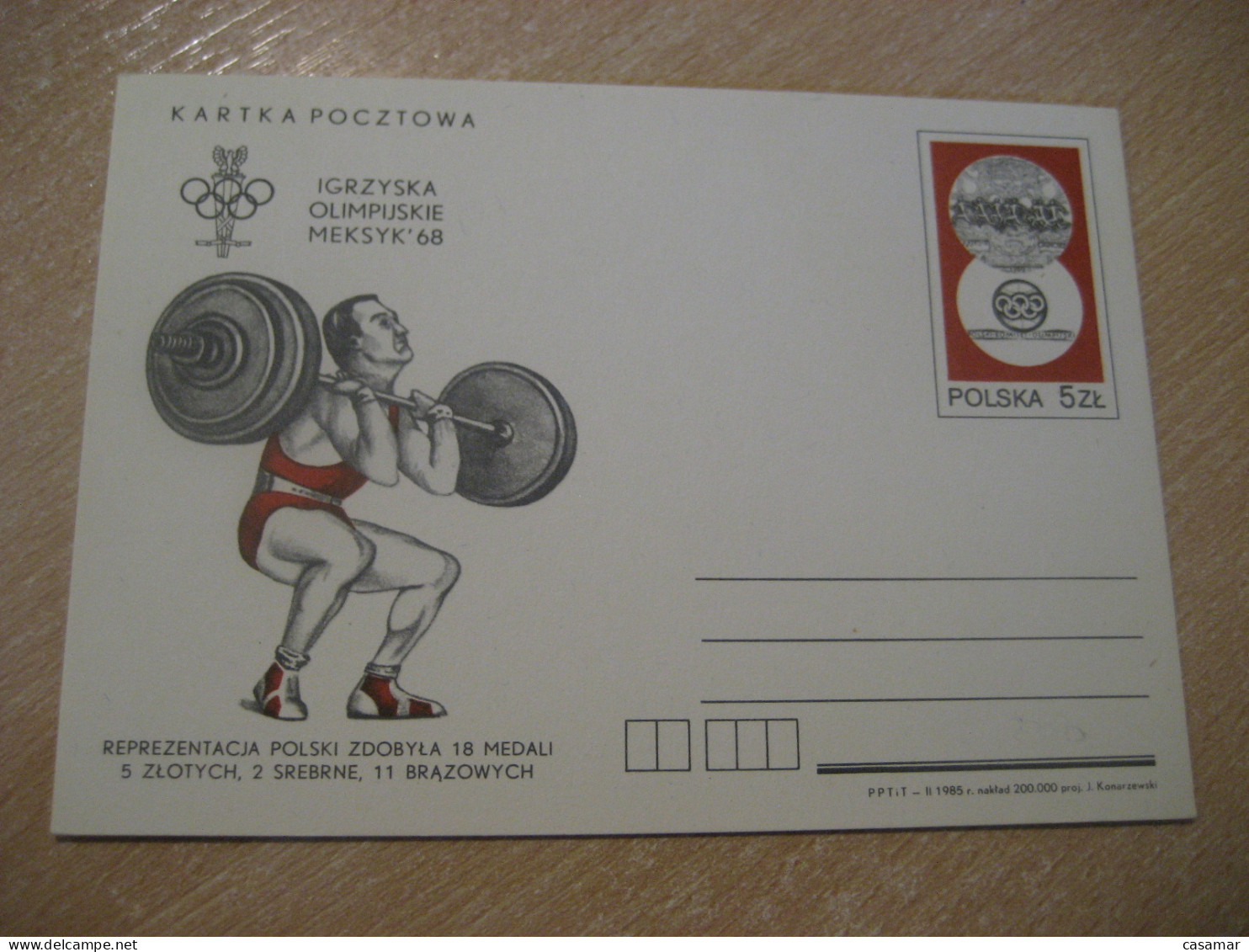 1985 Olympic Games Mexico 1968 Weightlifting Halterophilie Cancel Postal Stationery Card POLAND - Halterofilia