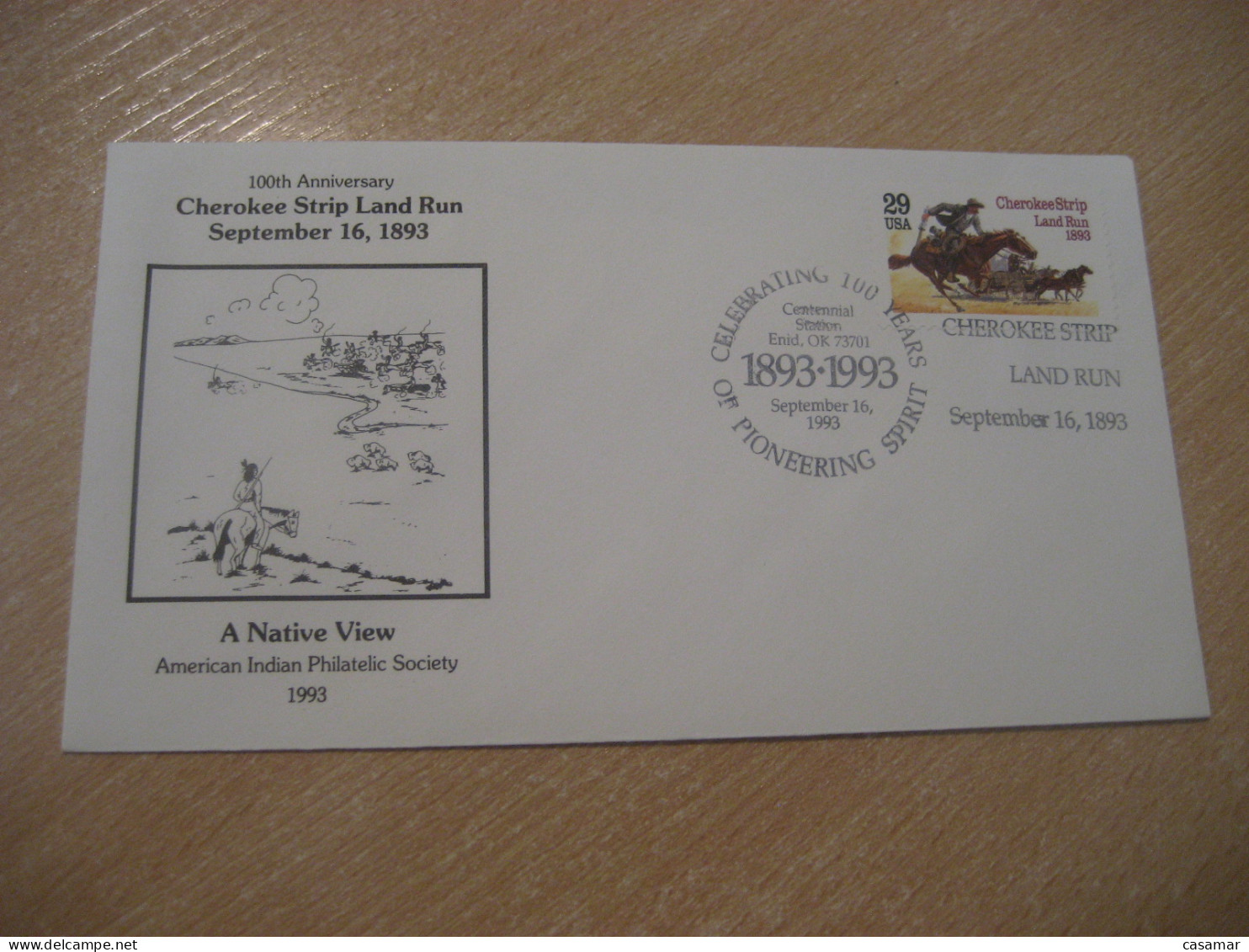 ENID 1993 Cherokee Strip Land Run American Indians Indian Cancel Cover USA Indigenous Native History - Indiens D'Amérique