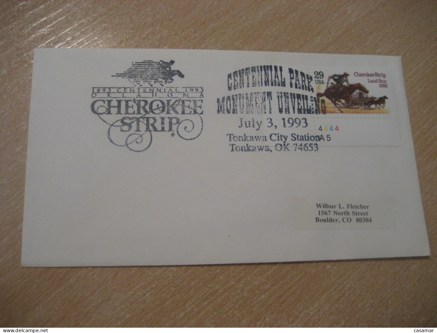 TONKAWA 1993 Cherokee Strip Monument Unveiling American Indians Indian Cancel Cover USA Indigenous Native History - Indiani D'America