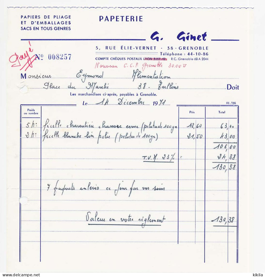 Facture Du 14 Décembre 1971 à En-tête De G. GINET à Grenoble Isère 38 Papeterie Papiers De Pliage Et D'emballage - 1950 - ...