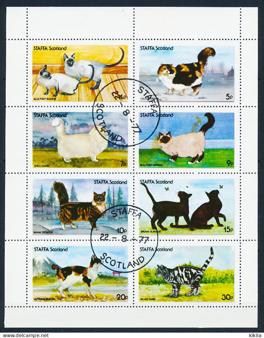 Bloc Feuillet 8 Timbres Oblitérés STAFFA Scotland XI-13 Chat -Blue Point Siamese  -Calico Persan  -Shell Cameo  -Seal * - Domestic Cats