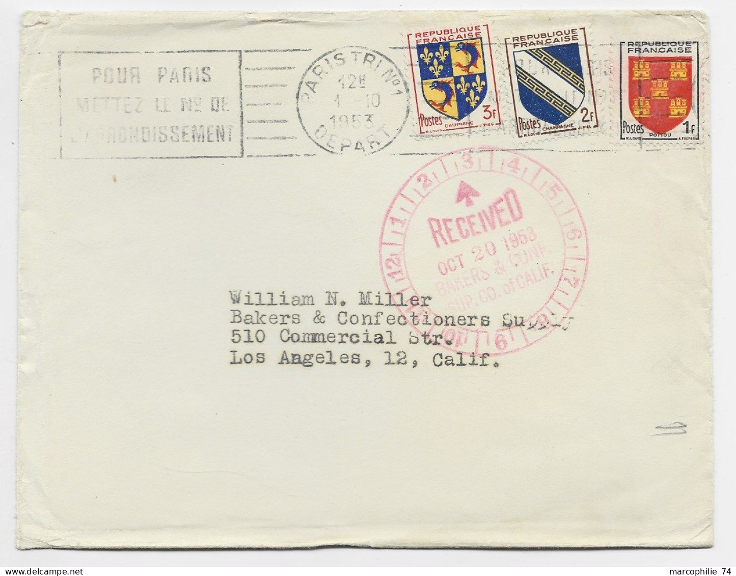 FRANCE BLASON 1FR+2FR+3FR LETTRE MEC PARIS TRI N°1 1.10.1953 POUR USA   AU TARIF IMPRIME - 1941-66 Coat Of Arms And Heraldry