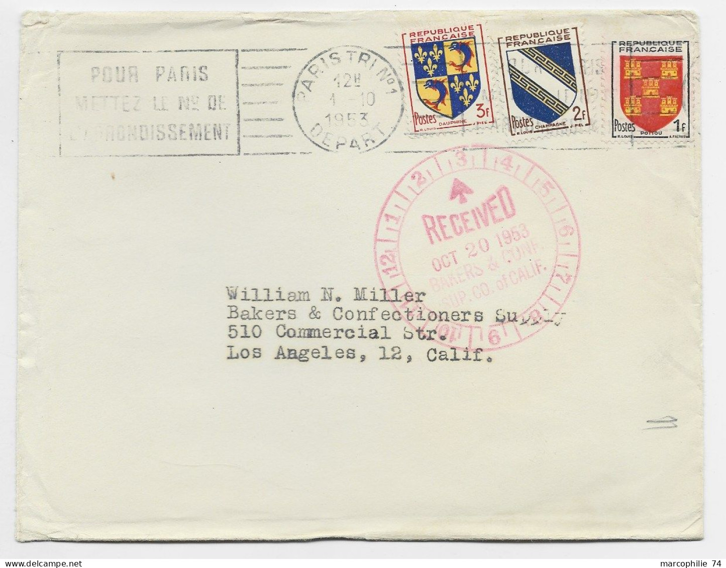 FRANCE BLASON 1FR+2FR+3FR LETTRE MEC PARIS TRI N°1 1.10.1953 POUR USA   AU TARIF IMPRIME - 1941-66 Armoiries Et Blasons