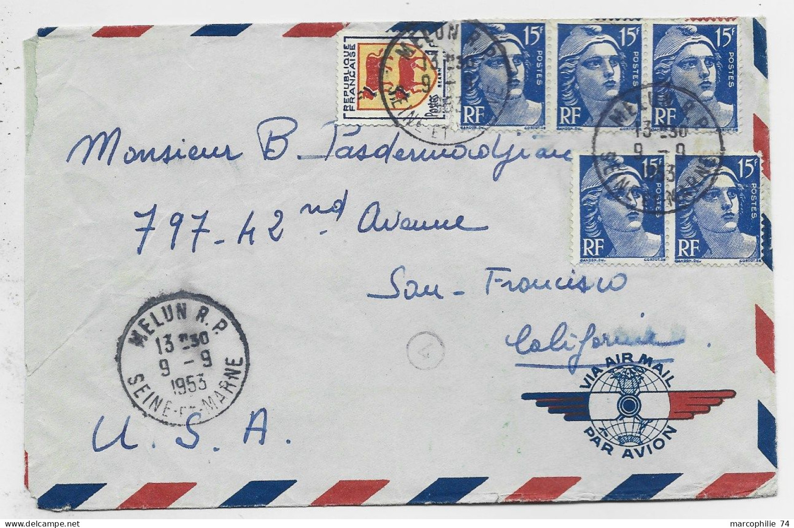 FRANCE GANDON 15FR BLEUX5+1FR BLASON LETTRE AVION MELUN RP 9.9.1953 POUR USA AU TARIF - 1945-54 Maríanne De Gandon
