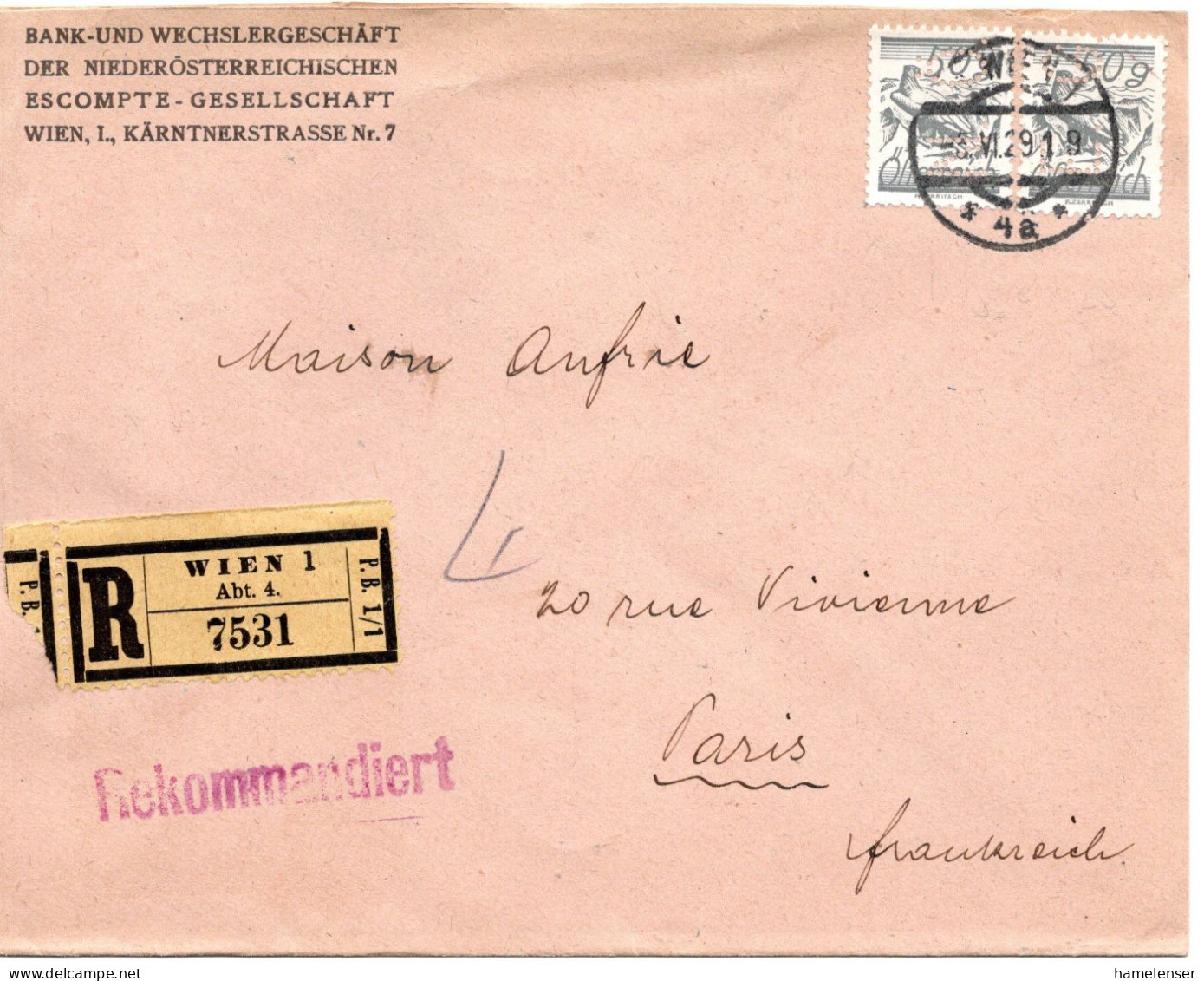 77476 - Österreich - 1929 - 2@50gr Landschaften (perfin "NÖ" & "EG") A R-Bf (dreiseit Geoeffn) WIEN -> Frankreich - Lettres & Documents