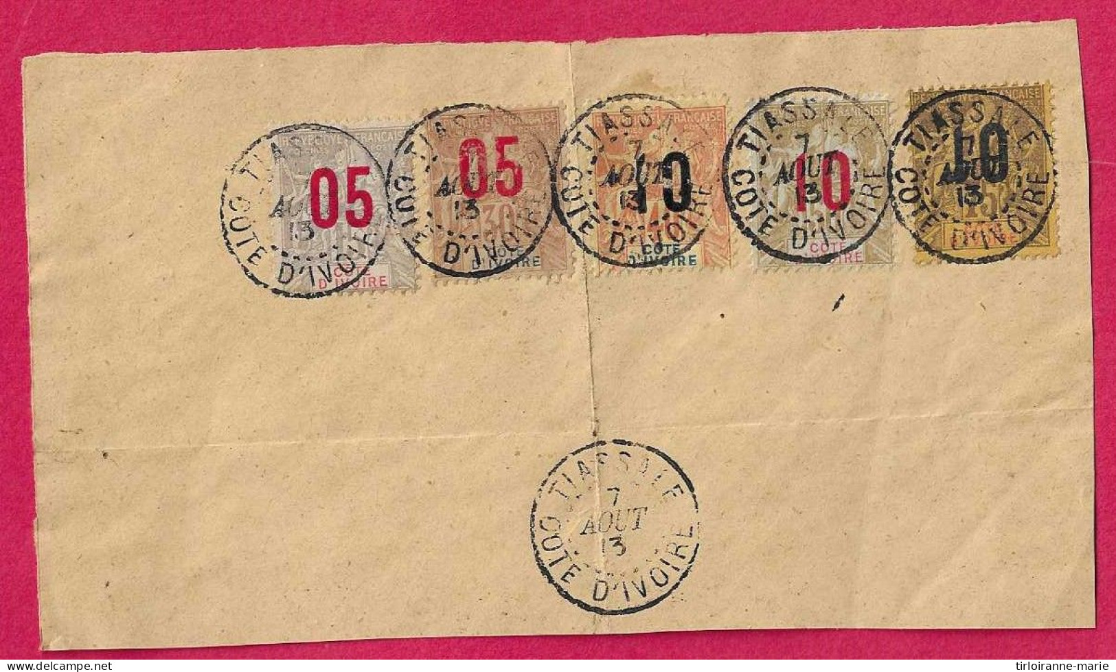 Lot Timbres De Cote D'ivoire Obliteres Sur Devant De Lettre Incomplete Sinon Tres Beaux Cachets  Tiassale 7 Aout 1913 - Colecciones (sin álbumes)