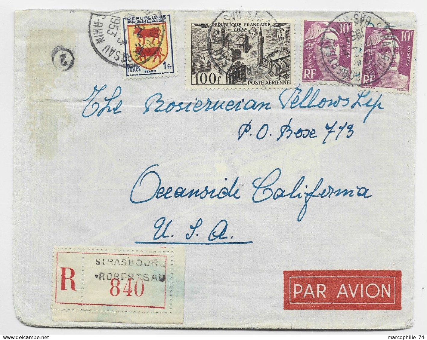 FRANCE GANDON 10FR VIOLETX2+ PA 100FR+1FR BLASON LETTRE REC AVION STRASBOURG 1953 POUR USA AU TARIF - 1945-54 Marianne (Gandon)