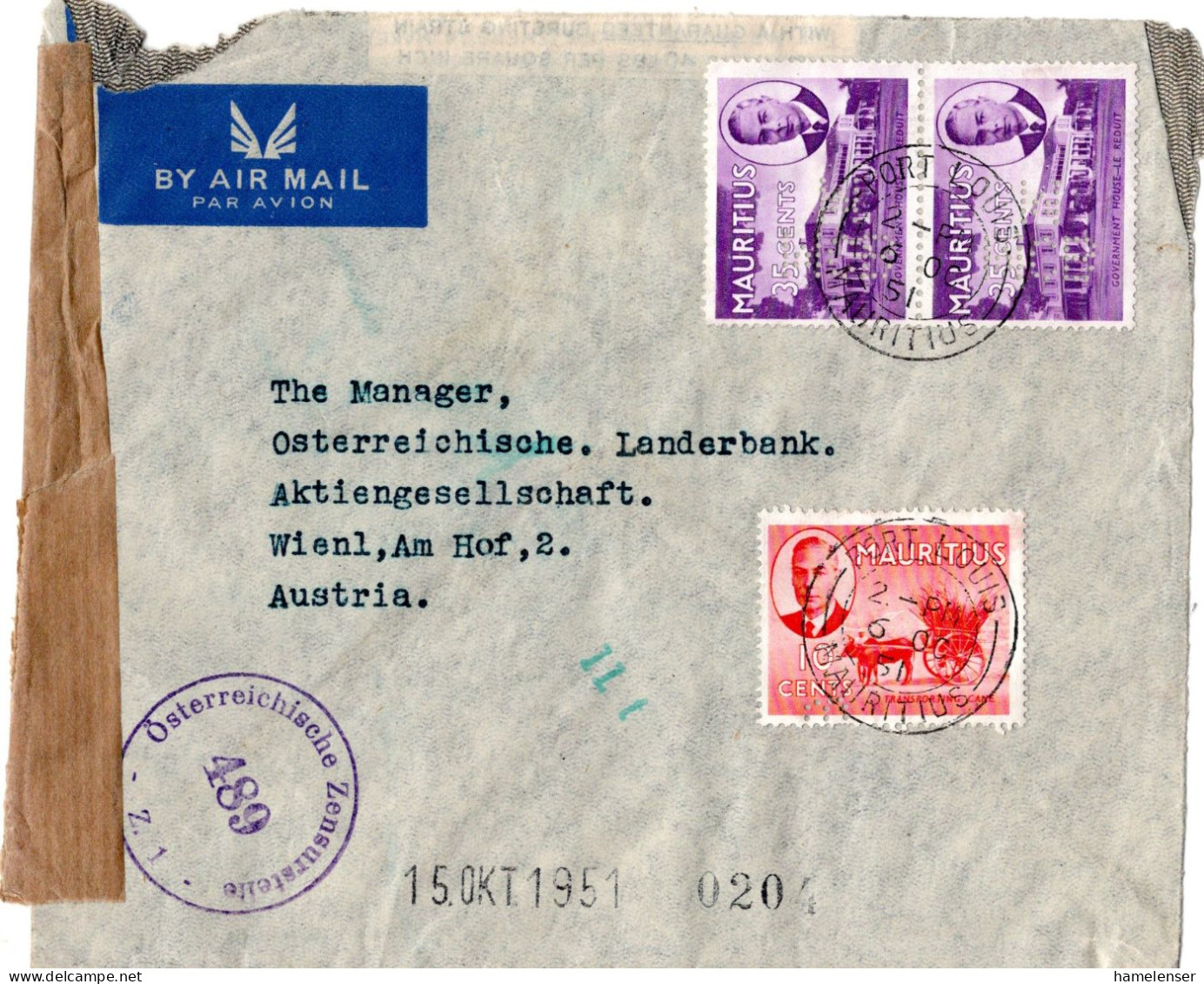 77477 - Mauritius - 1951 - 2@35c KGVI (perfin "MCB M") A Zens LpBf (dreiseit Geoeffn) PORT LOUIS -> Österreich - Mauricio (...-1967)