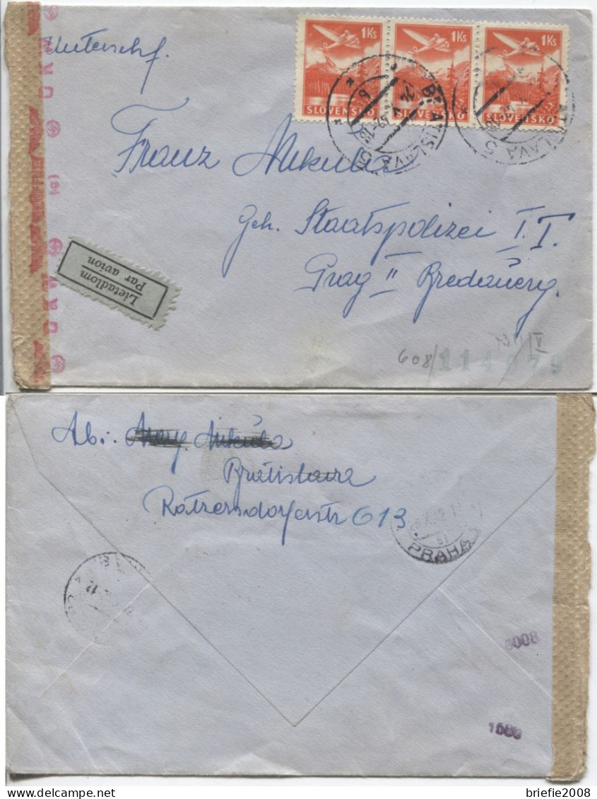 Slowakei #50(3x) Lupo-Brief Bratislava 24.10.42 > Geheime Staatspolizei In Prag, OKW-Zensur - Storia Postale