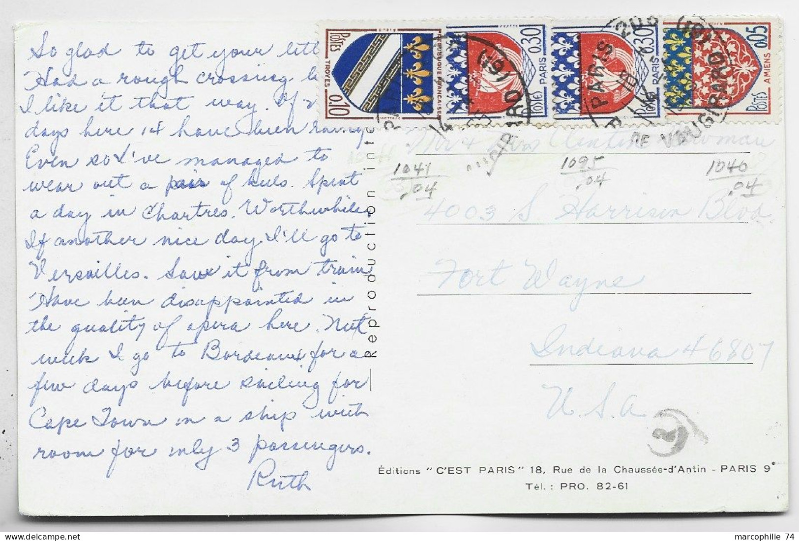 FRANCE BLASON 10C TROYES +30C PARIS X2+5C   CARTE AVION PARIS 14.4.1965  POUR USA AU TARIF - 1941-66 Coat Of Arms And Heraldry