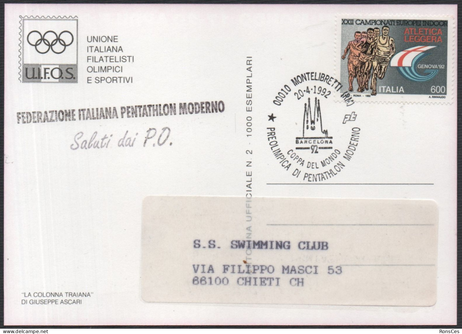 ITALIA MONTELIBRETTI (RM) 1992 - PREOLIMPICA DI PENTATHLON MODERNO - COPPA DEL MONDO - CARTOLINA UIFOS N. 2 - A - Autres & Non Classés