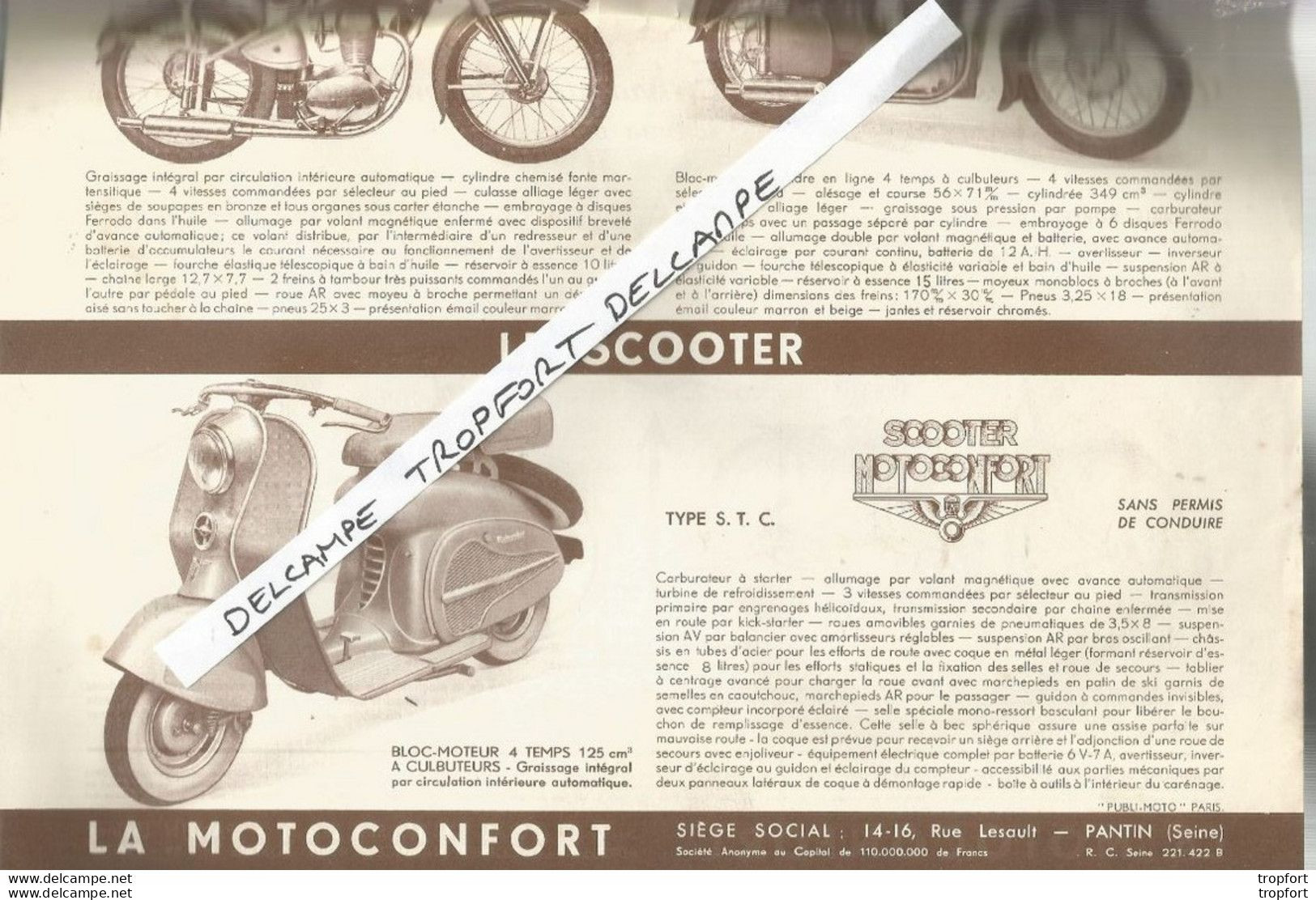 PZ / Feuillet Ancien Original 1952 MOTOCONFORT MOBYLETTE Moto SCOOTER MOTOCONFORT - Advertising