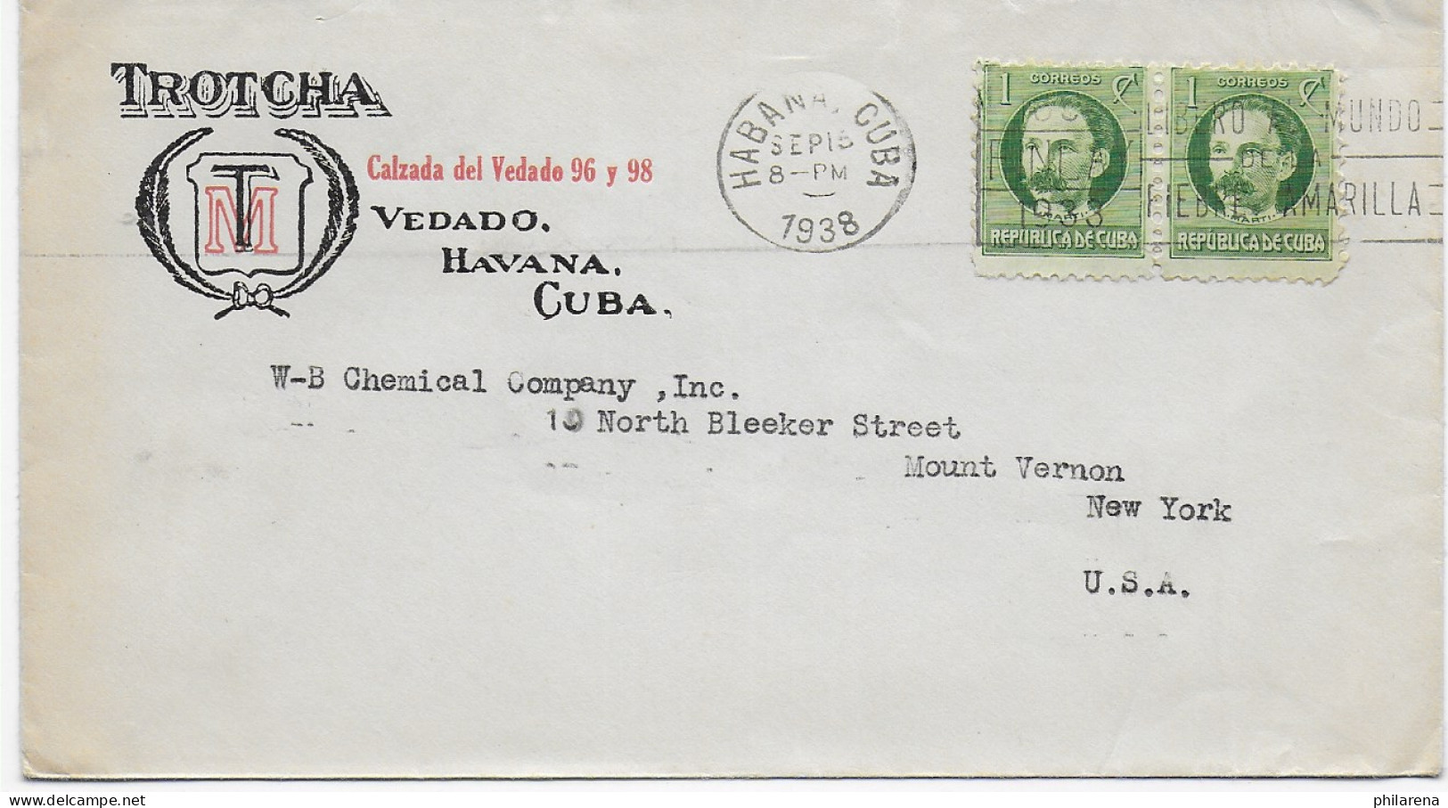 Cover Habana 1938 To New York, Chemical Company - Other & Unclassified