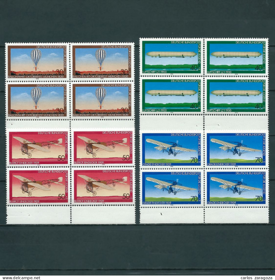 ALEMANIA 1978—Aviación/Luftfahr. Serie Completa Mi 964-67,YT 811-14,SG 1856-59,Sc B549-B552. GERMANY Blocks MNH Stamps - Ungebraucht