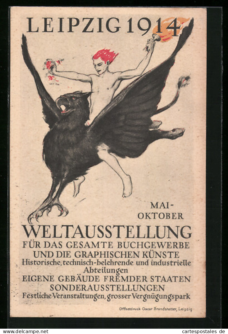 AK Leipzig, Buchgewerbe Und Graphik Weltausstellung 1914, Nackter Mann Fliegt Auf Einem Vogel  - Expositions