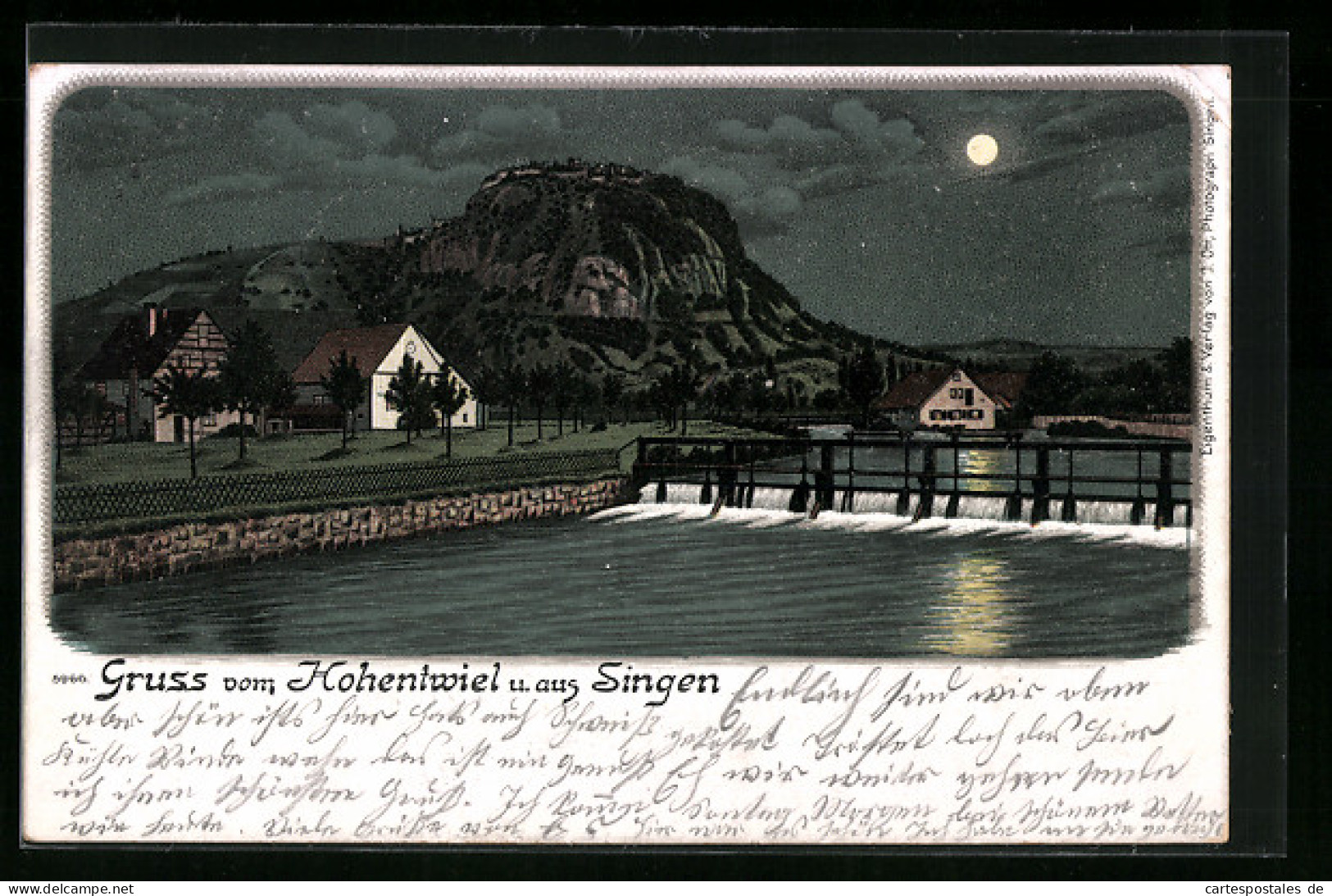 Lithographie Singen /Hohentwiel, Uferpartie Bei Mondschein  - Singen A. Hohentwiel