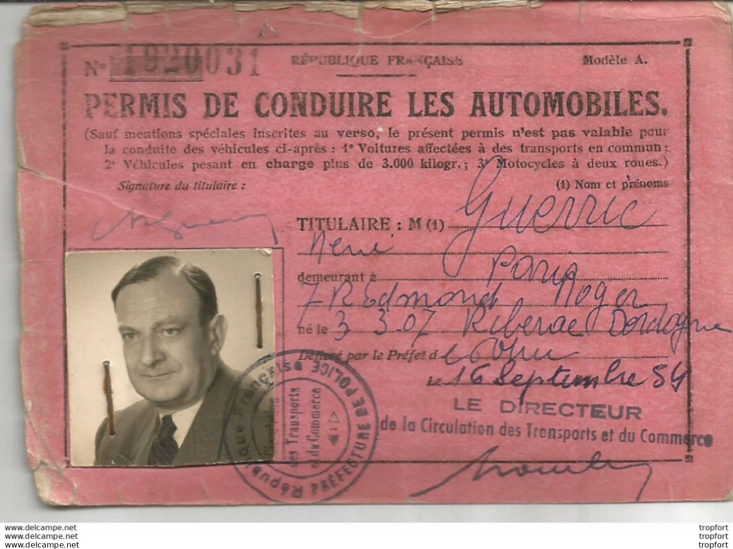 Ancien PERMIS DE CONDUIRE Les AUTOMOBILES 1954 - Historische Dokumente