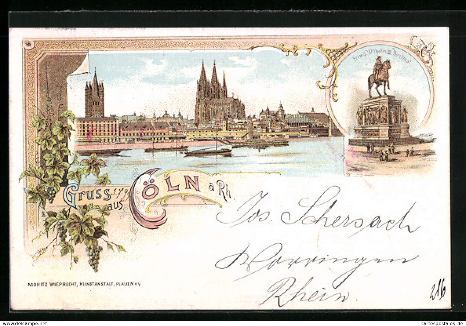 Lithographie Cöln A. Rh., Dom, Friedr. Wilhelm III Denkmal  - Köln