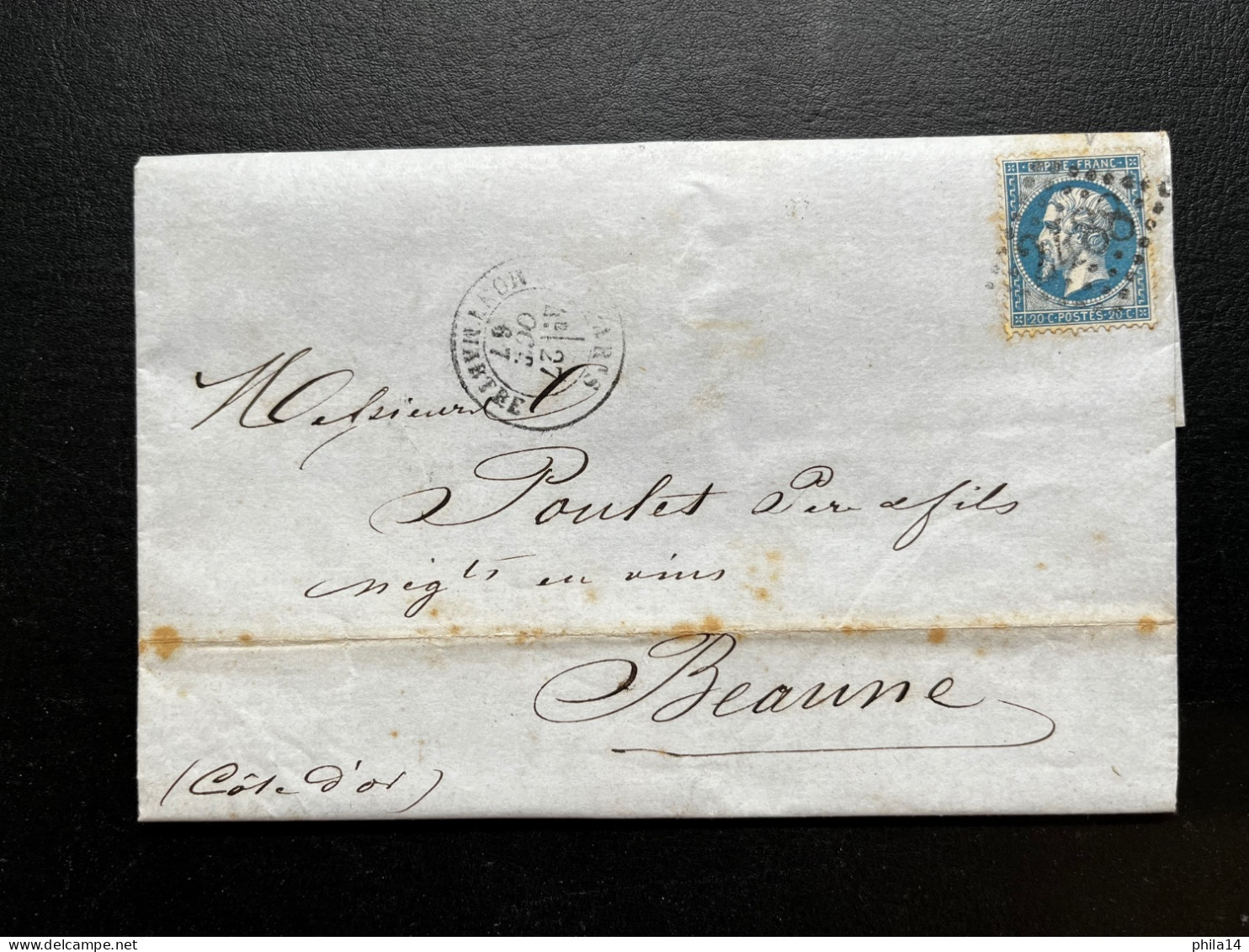 N°22 BLEU NAPOLEON SUR LETTRE / PARIS MONTMARTRE / GC 2488 / POUR BEAUNE / 27 OCT 1867 / LAC - 1849-1876: Klassieke Periode