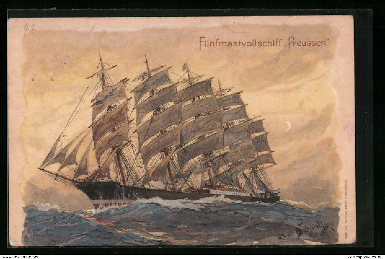 Künstler-AK Hans Bohrdt: Fünfmastvollschiff Preussen, Kriegsschiff  - Guerra