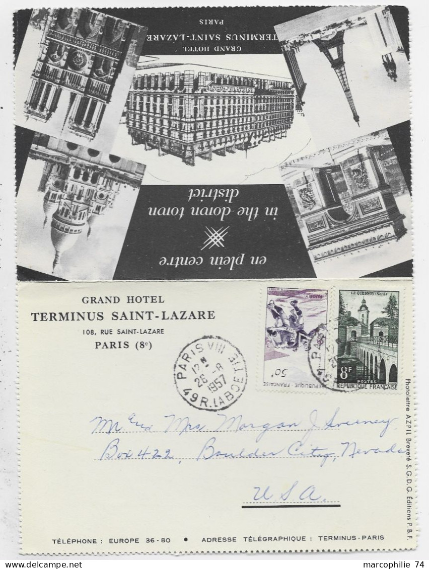 FRANCE 50FR RUGBY +8FR CARTE LETTRE PUB GRAND HOTEL TERMINUS SAINT LAZARE PARIS VIII  26.8.1957 POUR USA - 1921-1960: Modern Tijdperk