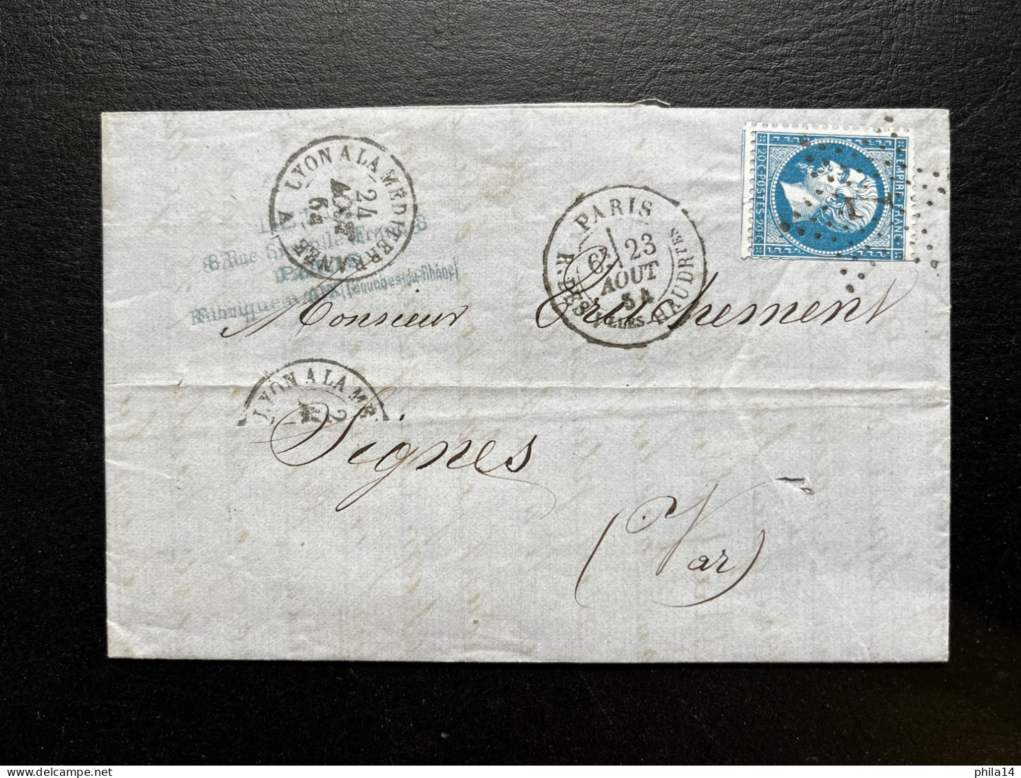 N°22 BLEU NAPOLEON SUR LETTRE / PARIS ETOILE 7 POUR SIGNES / 23 AOUT 1864 / LAC - 1849-1876: Klassieke Periode