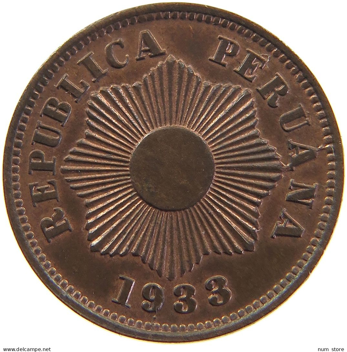 PERU CENTAVO 1933 UNC 35G 19.5MM #t030 0247 - Peru