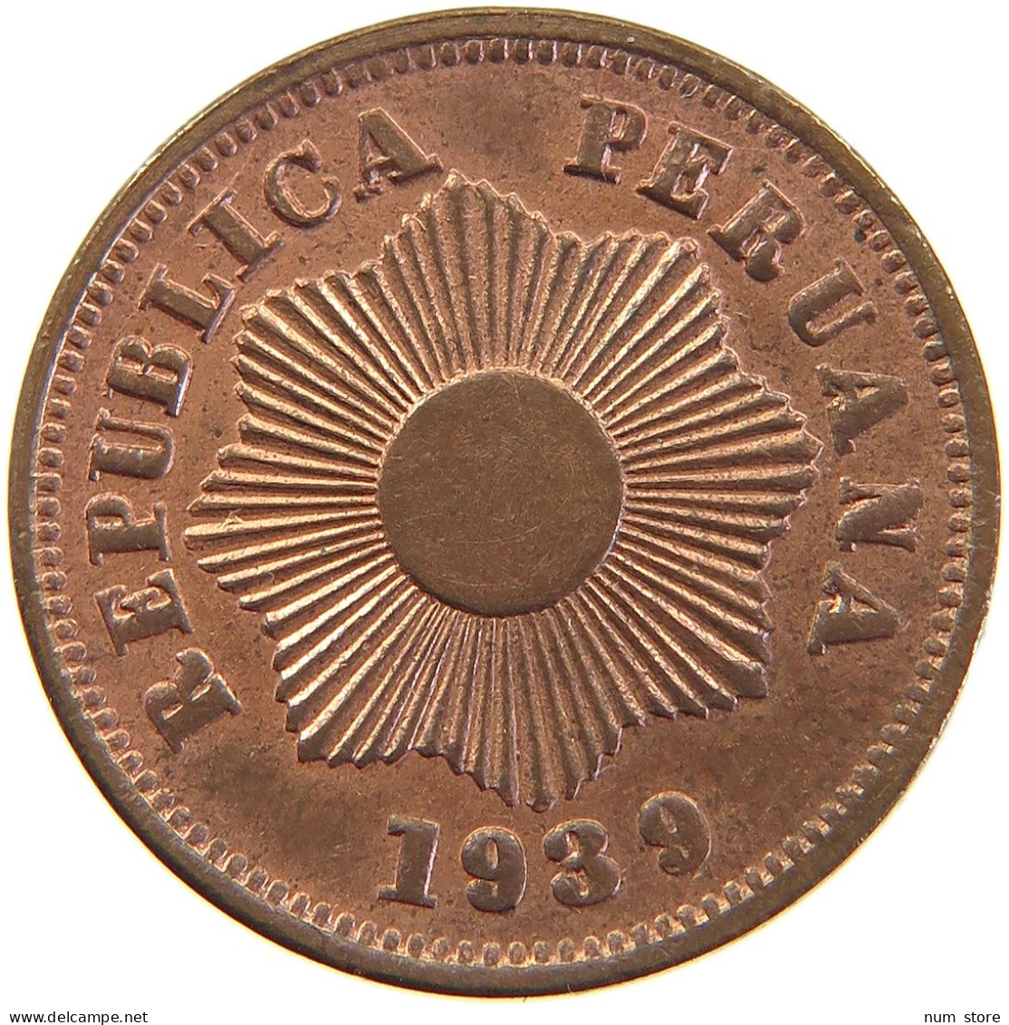 PERU CENTAVO 1939 UNC RED LUSTRE DOUBLE STRUCK #t030 0225 - Perú