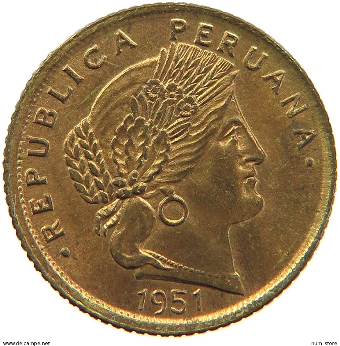 PERU 5 CENTAVOS 1951 THICK PLANCHET UNC #t030 0161 - Perú