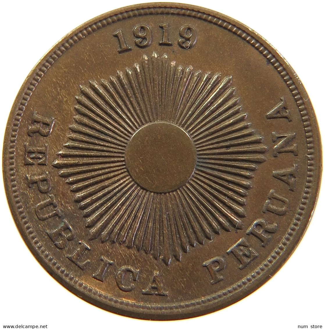 PERU 2 CENTAVOS 1919 UNC LUSTRE #t030 0201 - Pérou