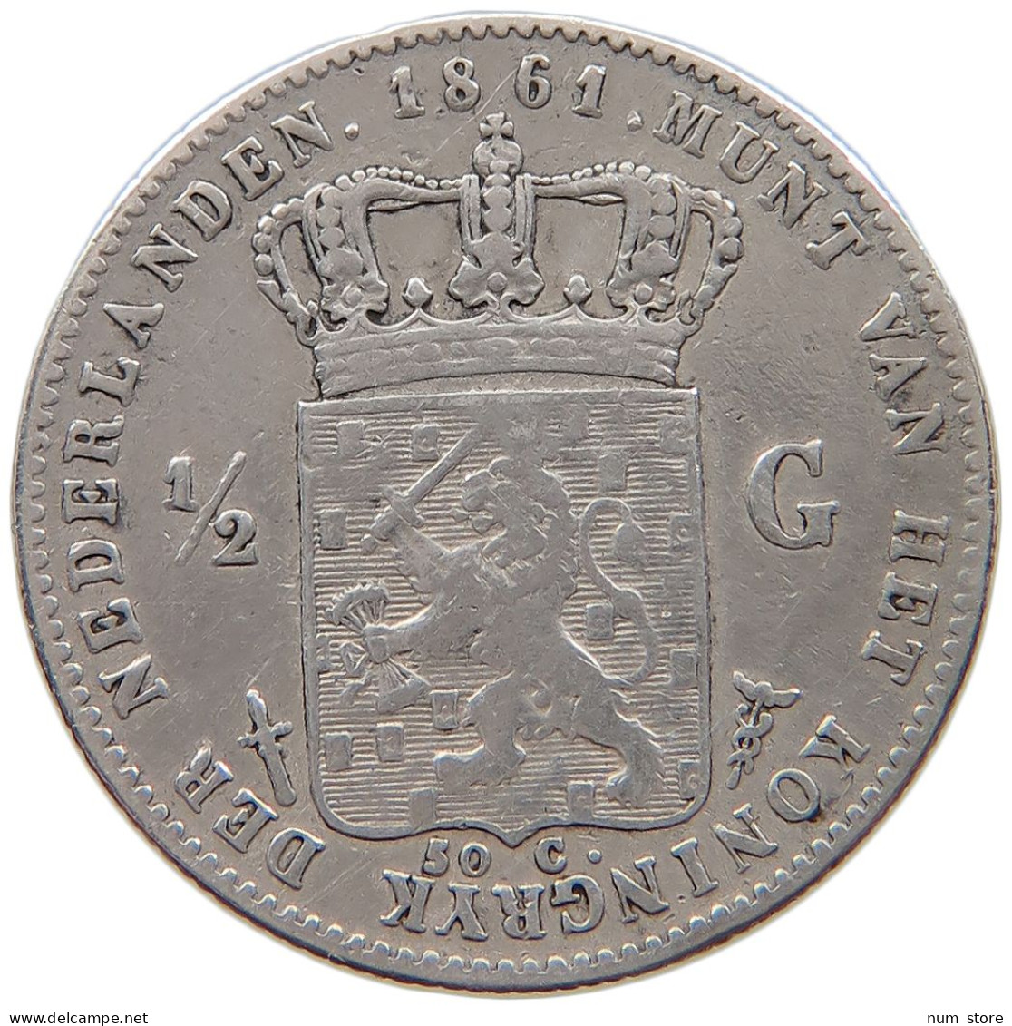 NETHERLANDS 1/2 GULDEN 1861 #t030 0543 - 1849-1890 : Willem III