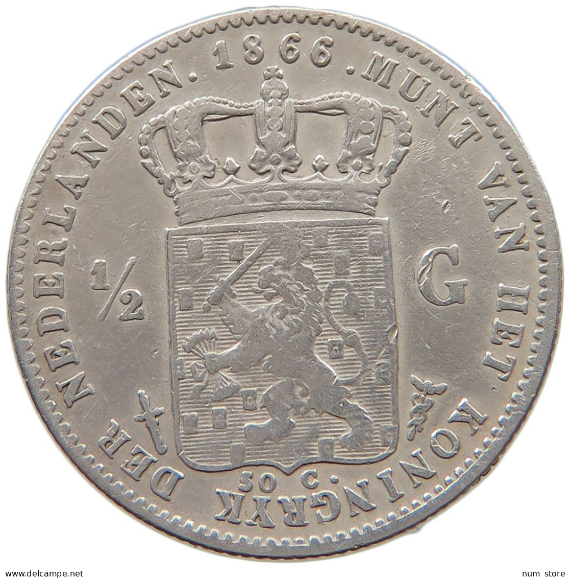NETHERLANDS 1/2 GULDEN 1866 #t030 0541 - 1849-1890 : Willem III