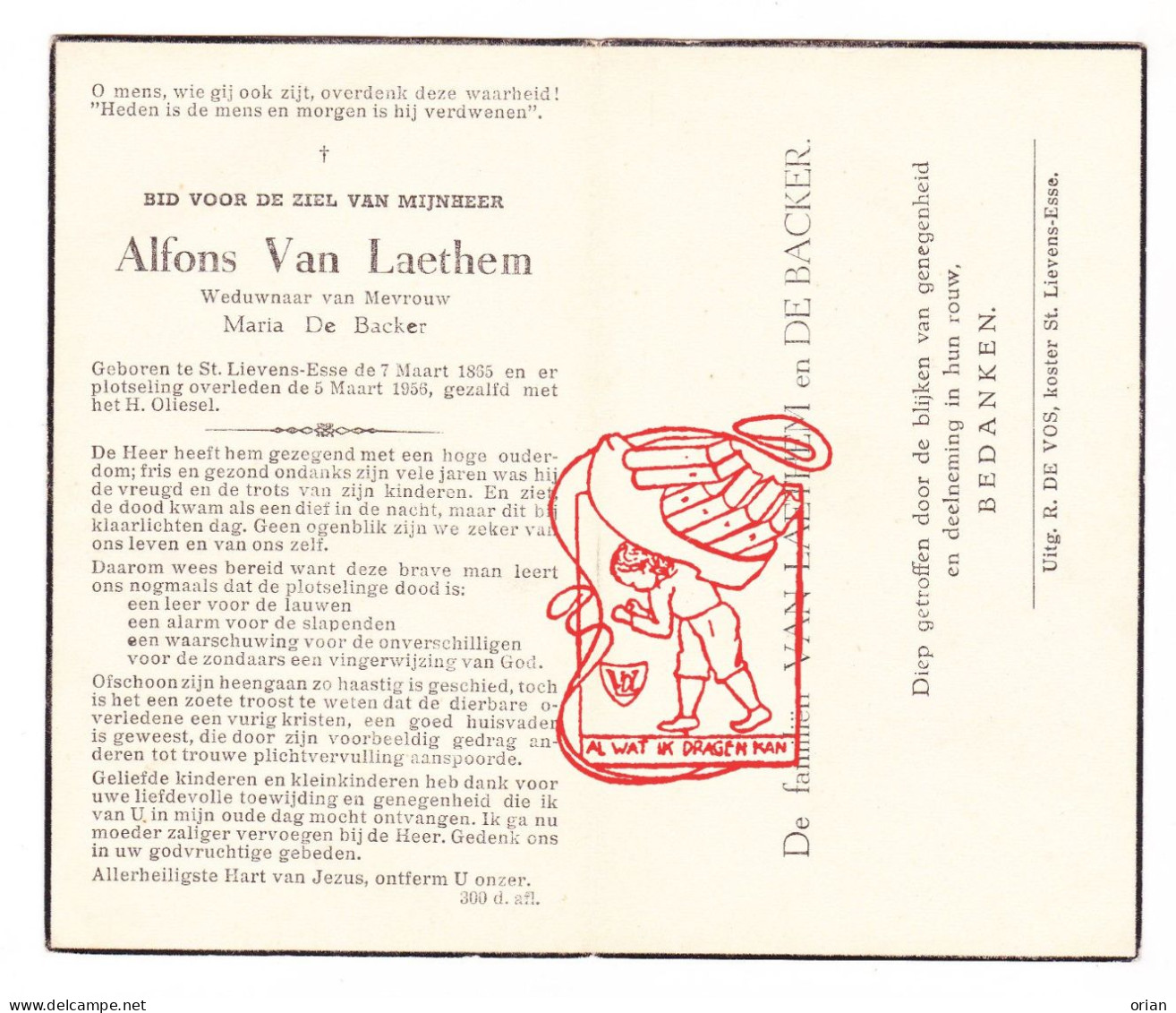 DP Alfons Van Laethem ° Sint-Lievens-Esse Herzele 1865 † 1956 X Maria De Backer - Devotieprenten