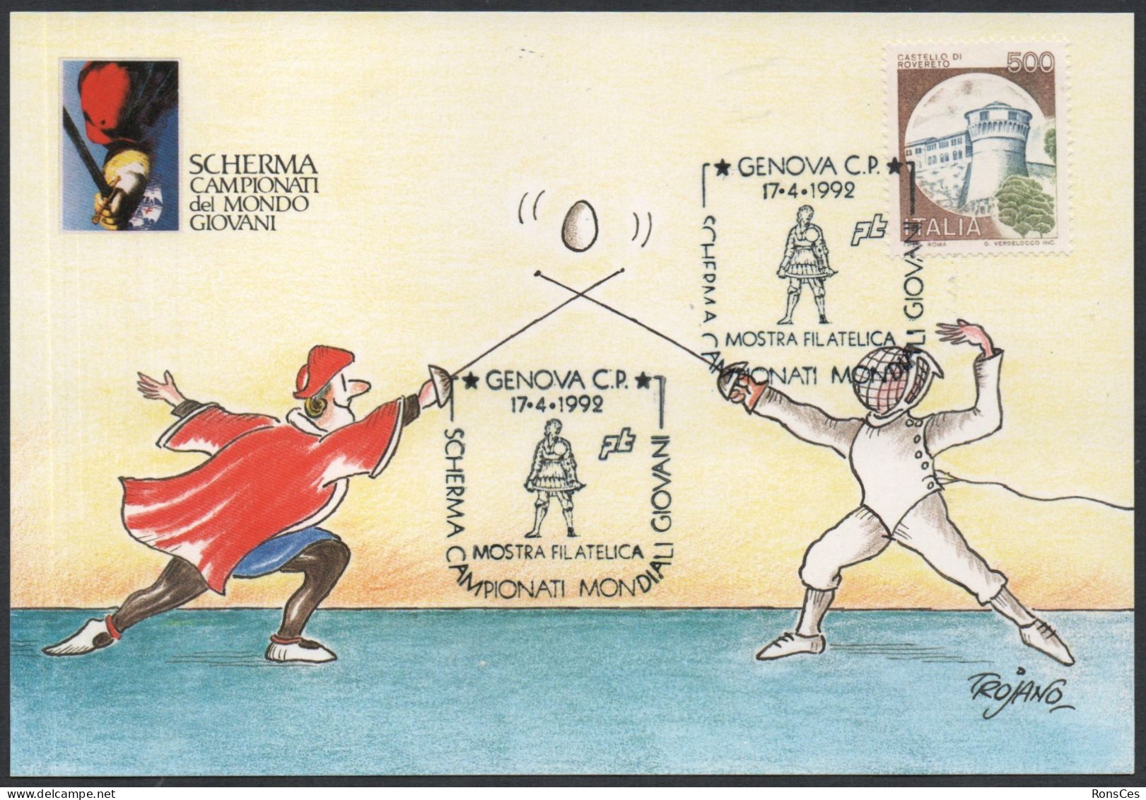 FENCING - ITALIA GENOVA 1992  CAMPIONATI MONDIALI GIOVANILI DI SCHERMA - MOSTRA FILATELICA - CARTOLINA MAXIMUM UIFOS - A - Fencing