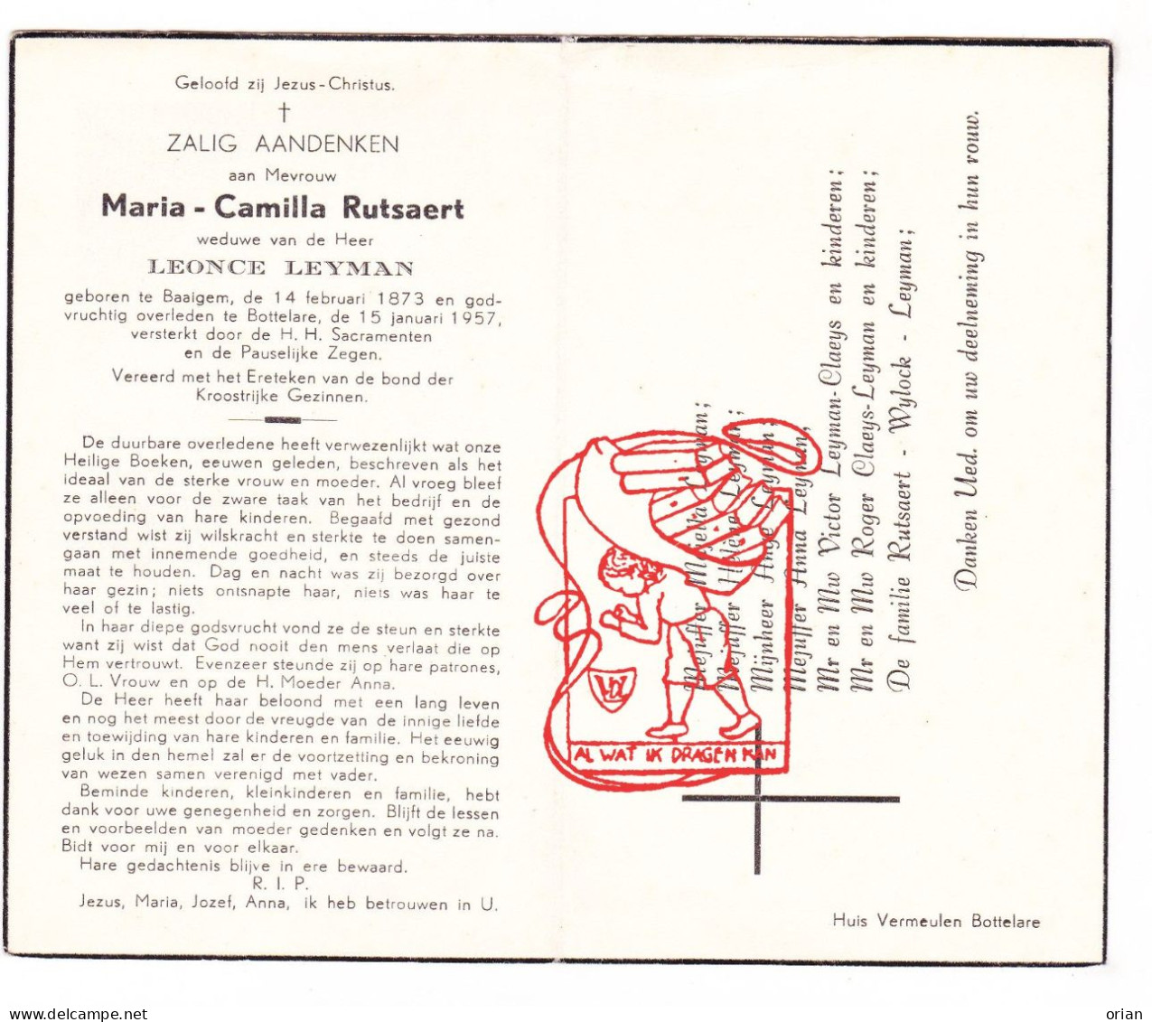 DP Maria Camilla Rutsaert ° Baaigem Gavere 1873 † Bottelare Merelbeke 1957 X Leonce Leyman // Claeys Wylock - Santini